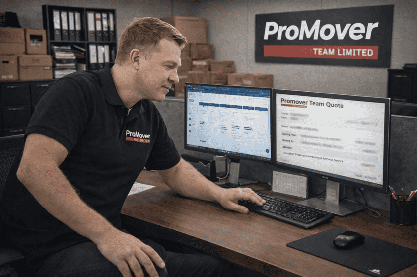 Removals coordinator reviewing a structured moving quote and planning details before booking